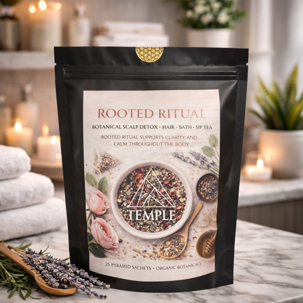 Grounding herbal tea blend for scalp detox, root chakra support & holistic hair rituals. Ideal for salons, Japanese head spas & daily wellness.