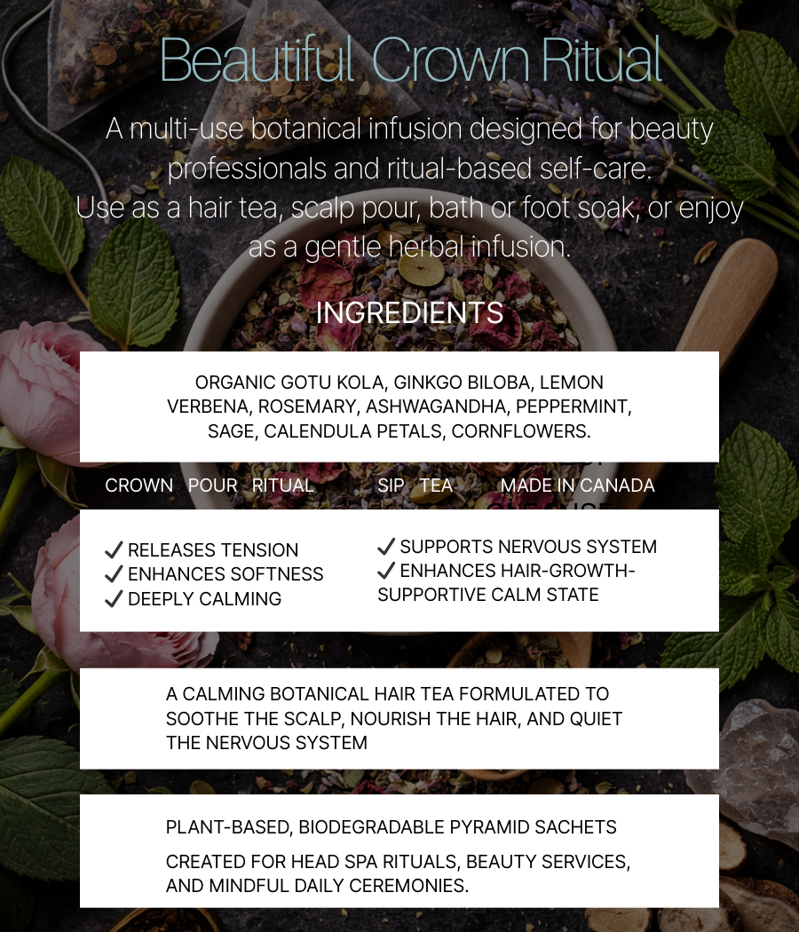 Product packaging for 'Beautiful Crown Ritual' with botanical ingredients and usage instructions.
