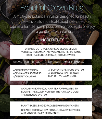 Product packaging for 'Beautiful Crown Ritual' with botanical ingredients and usage instructions.