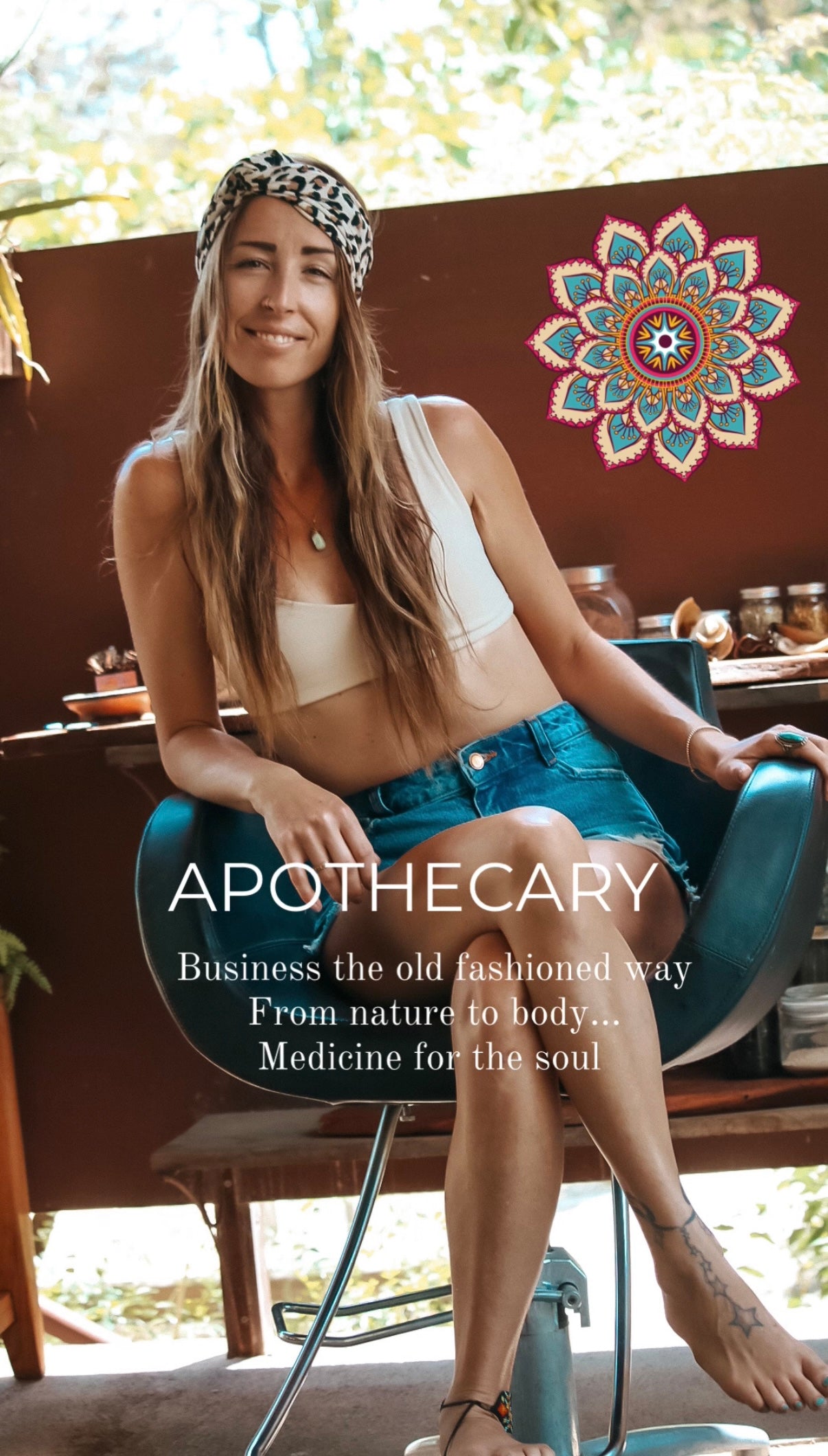 Woman sitting on a chair with a mandala design and 'Apothecary' text in the background