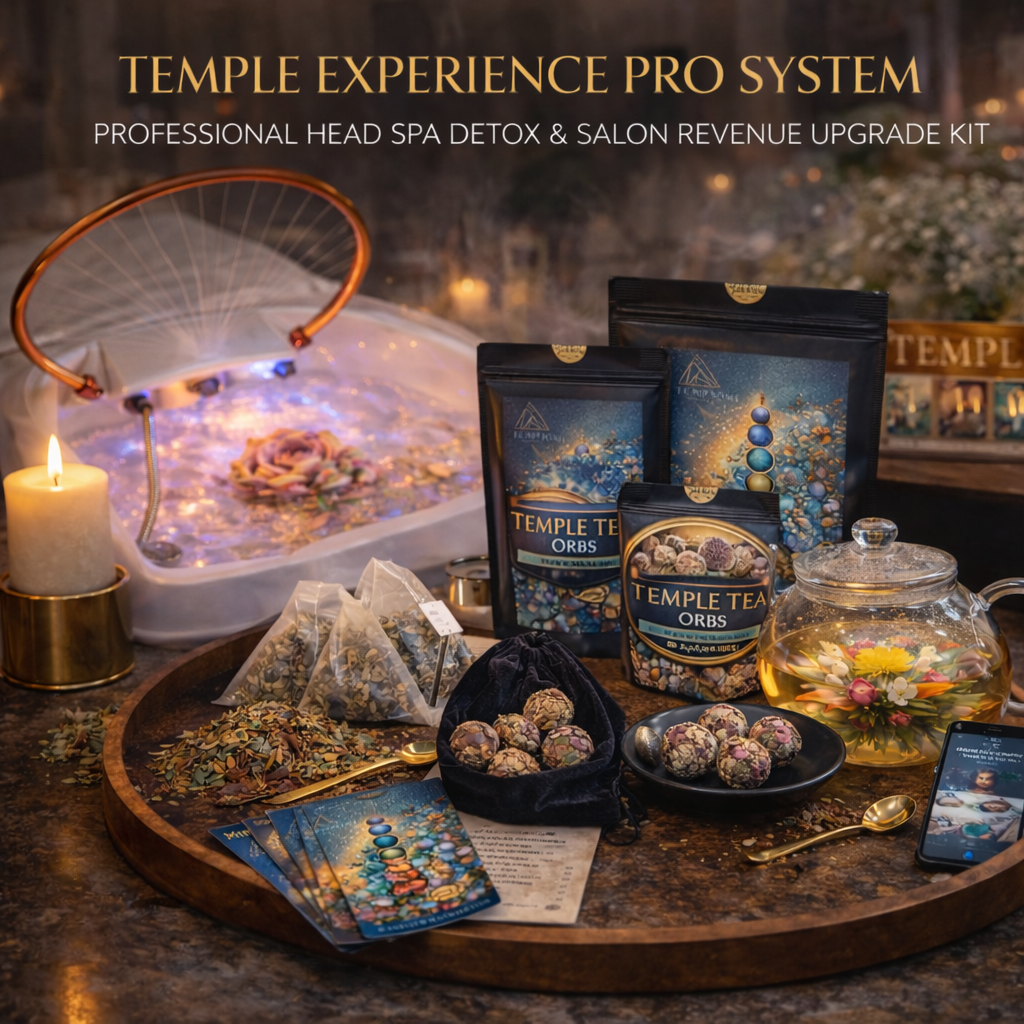 Temple Experience Pro System with spa setup, tea products, and candles on a wooden tray.