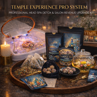 Temple Experience Pro System with spa setup, tea products, and candles on a wooden tray.