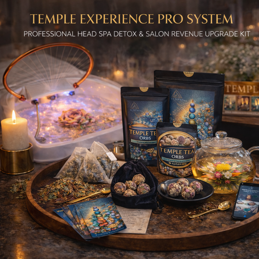 Temple Experience Pro System with spa setup, tea products, and candles on a wooden tray.