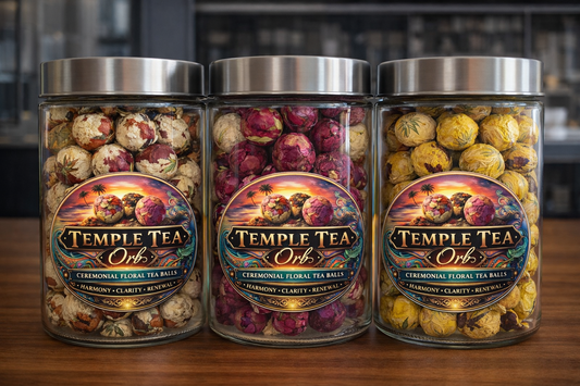 Three jars of Temple Tea Ork tea balls on a wooden surface with a blurred background.