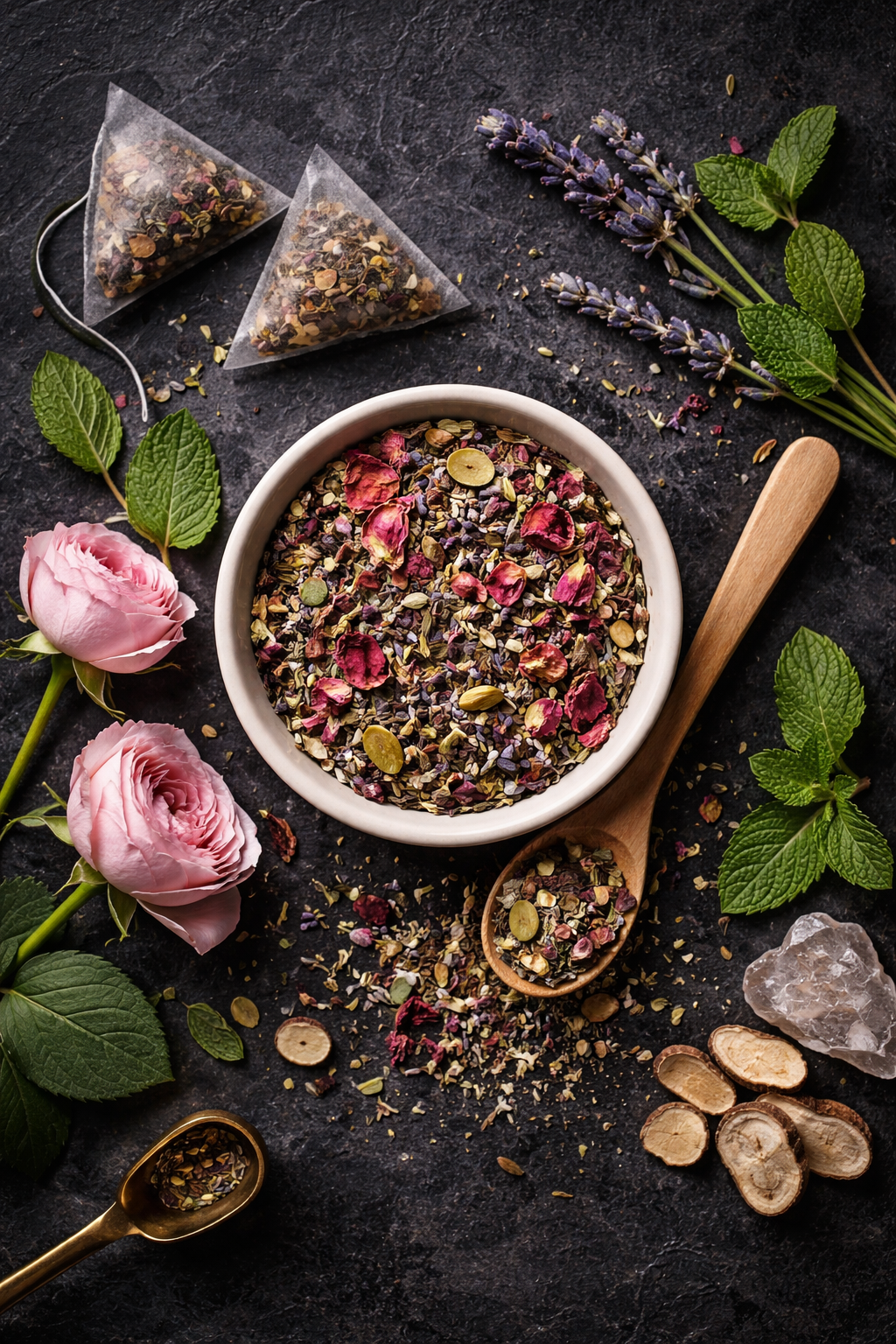Tea leaves in a bowl with tea bags, flowers, and herbs on a dark surface