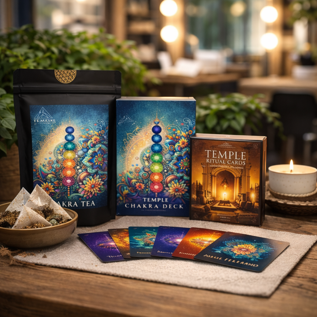 Temple Ritual Cards and related products on a wooden surface with a blurred indoor background.