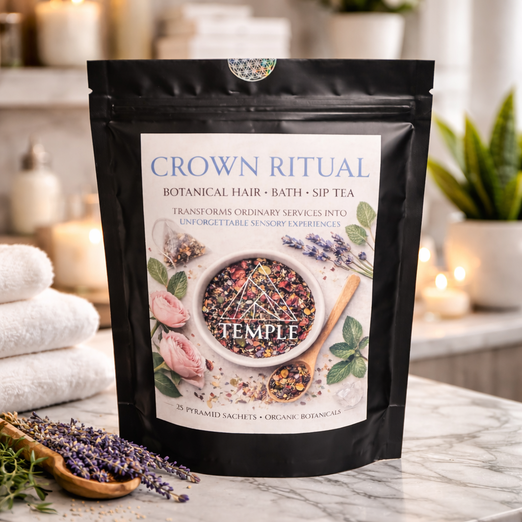 Crown Ritual botanical product packaging on a marble surface with lavender and towels in the background