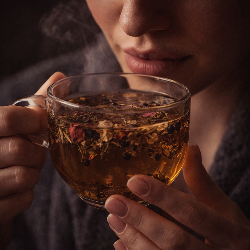 Person holding a steaming cup of herbal tea with visible leaves.