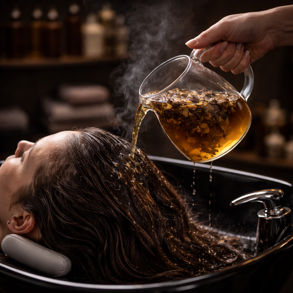 Crown Ritual herbal tea by Kōen Mizu in black pouch with organic botanical blend, styled in a moody spa-inspired setting