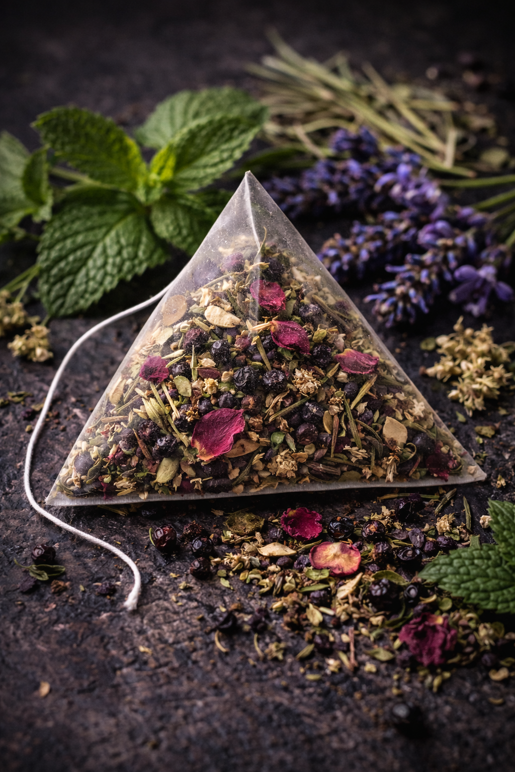 Triangular tea bag with dried herbs and flowers on a dark surface with mint and lavender.