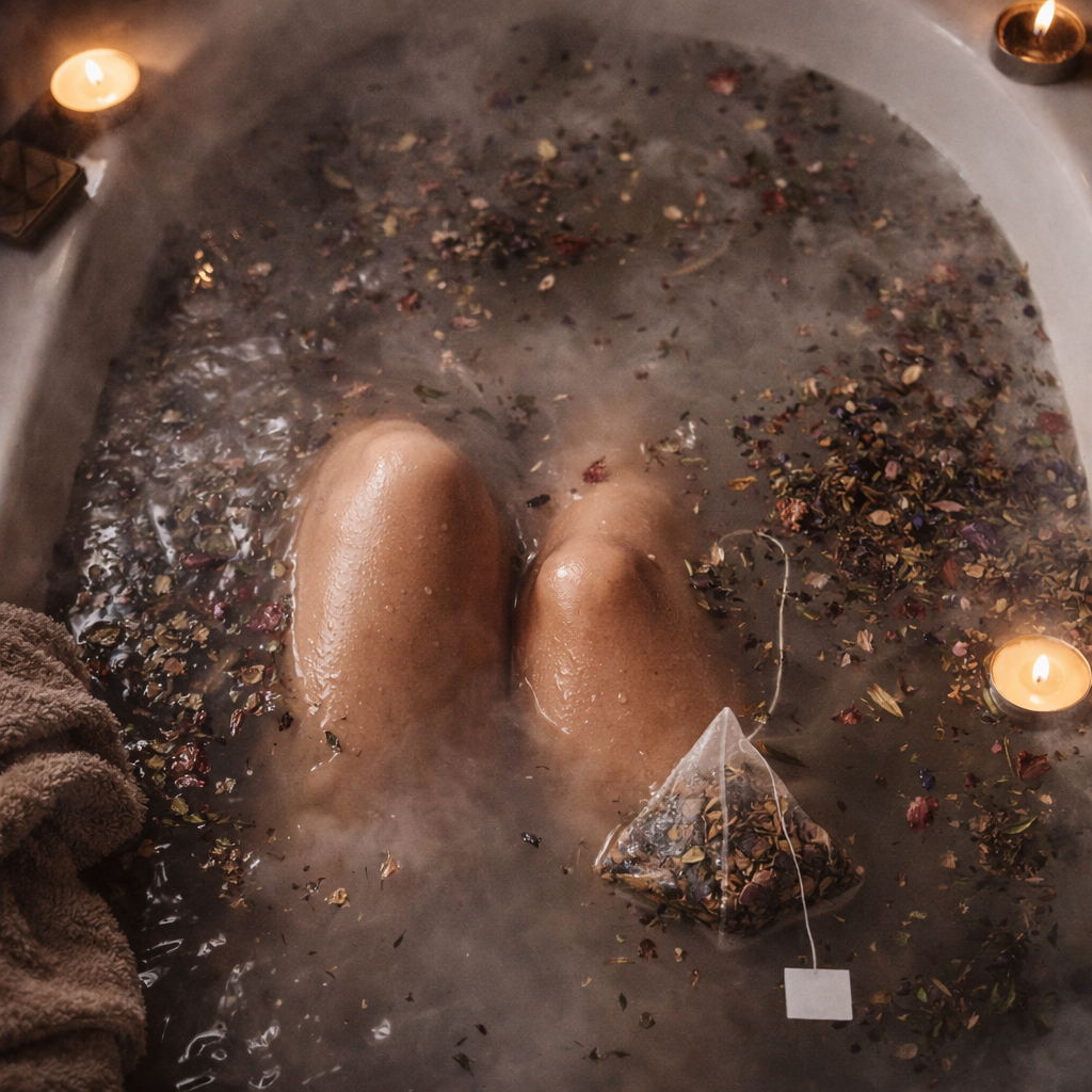 Feet in a bathtub filled with water, herbs, and a tea bag with candles around.