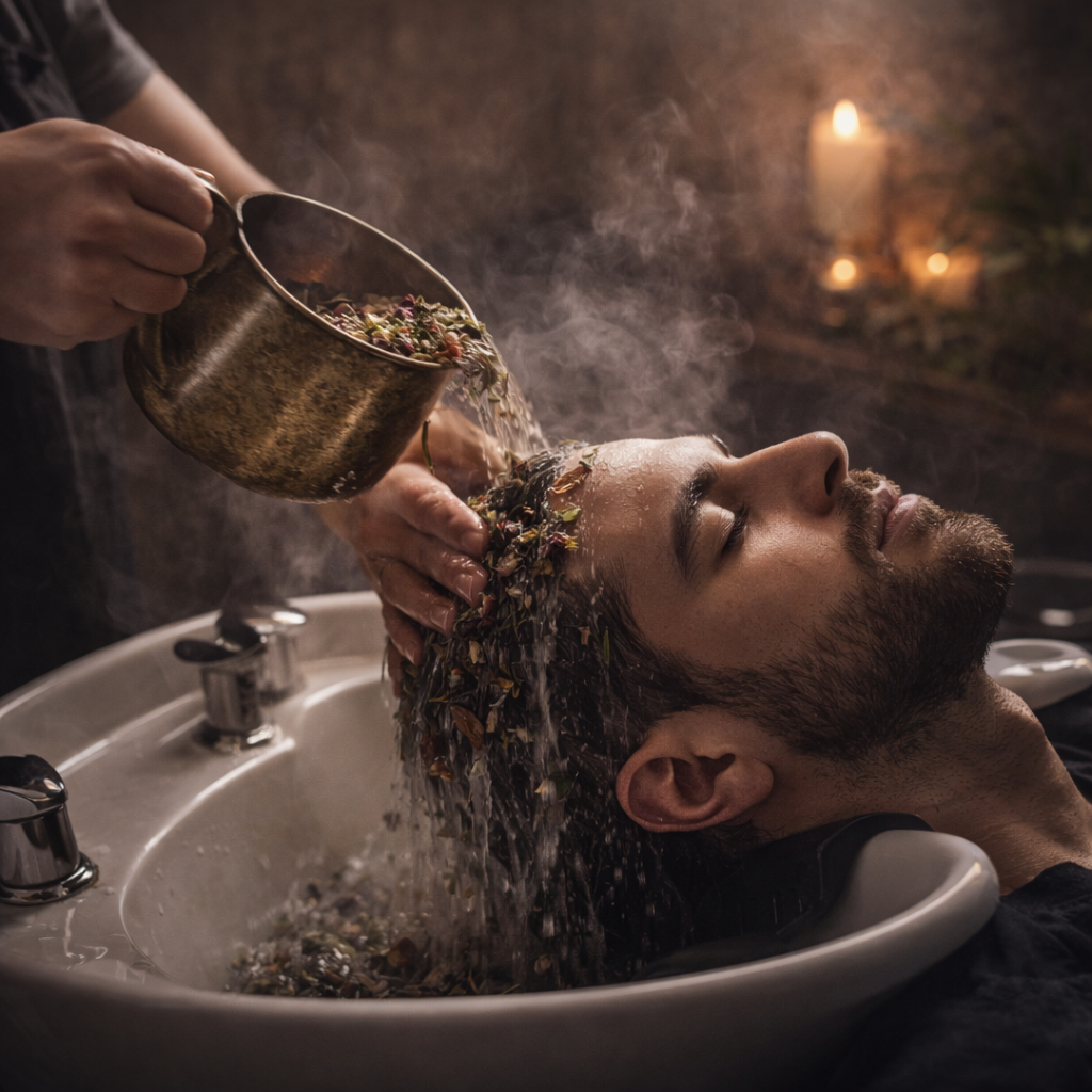 Person receiving a herbal head massage in a sink with steam rising