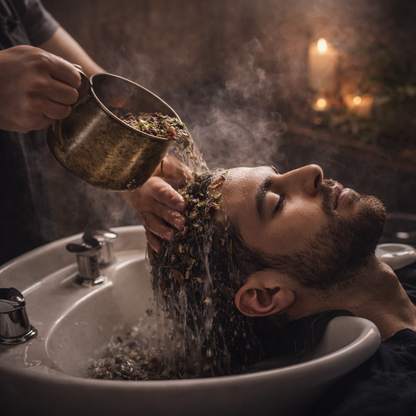 Person receiving a herbal head massage in a sink with steam rising