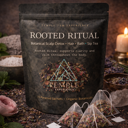 Temple Experience Rooted Ritual product packaging with tea bags on a dark background