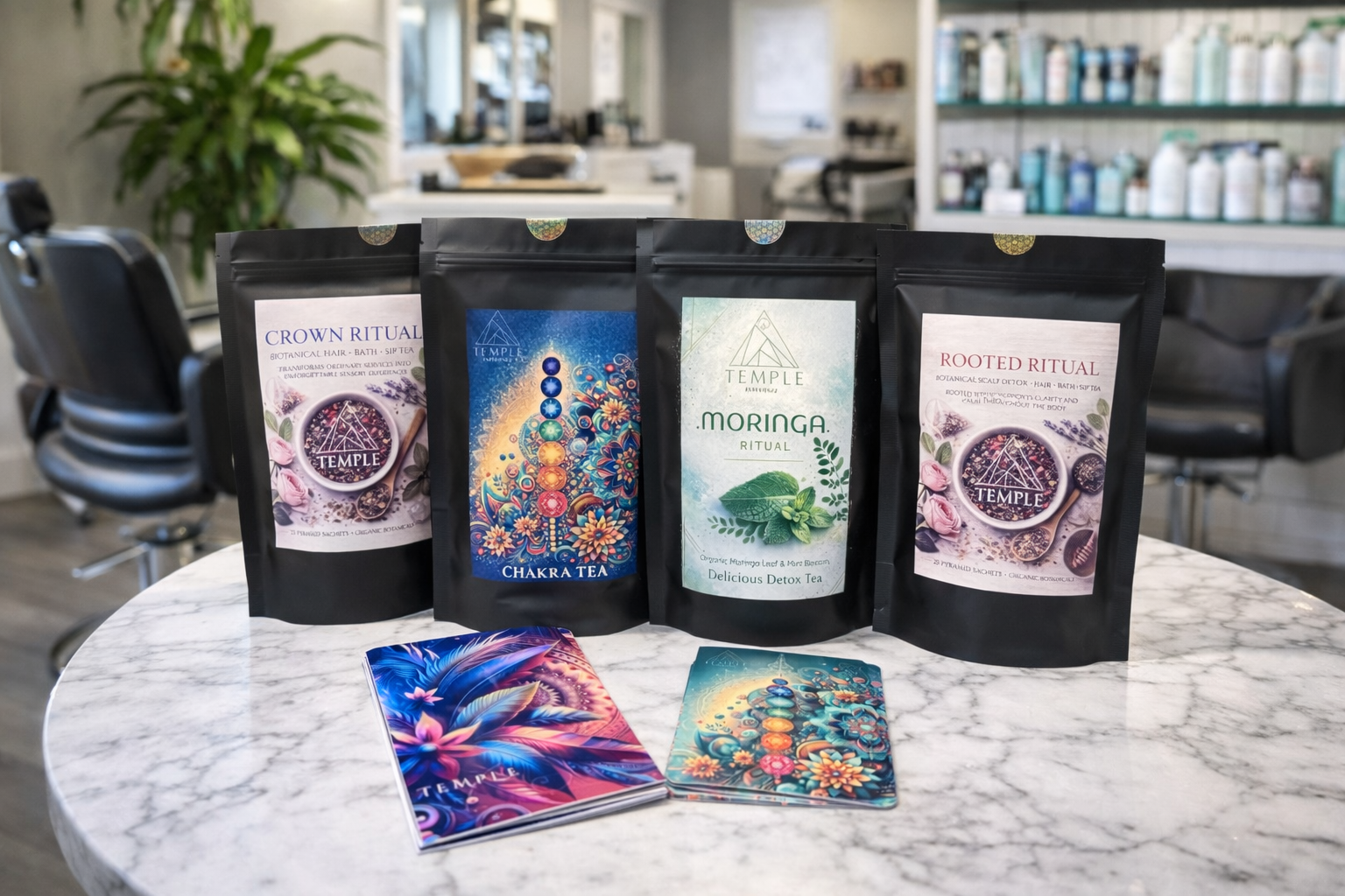Four packages of 'The Temple' brand tea on a marble table with colorful cards in a salon setting.