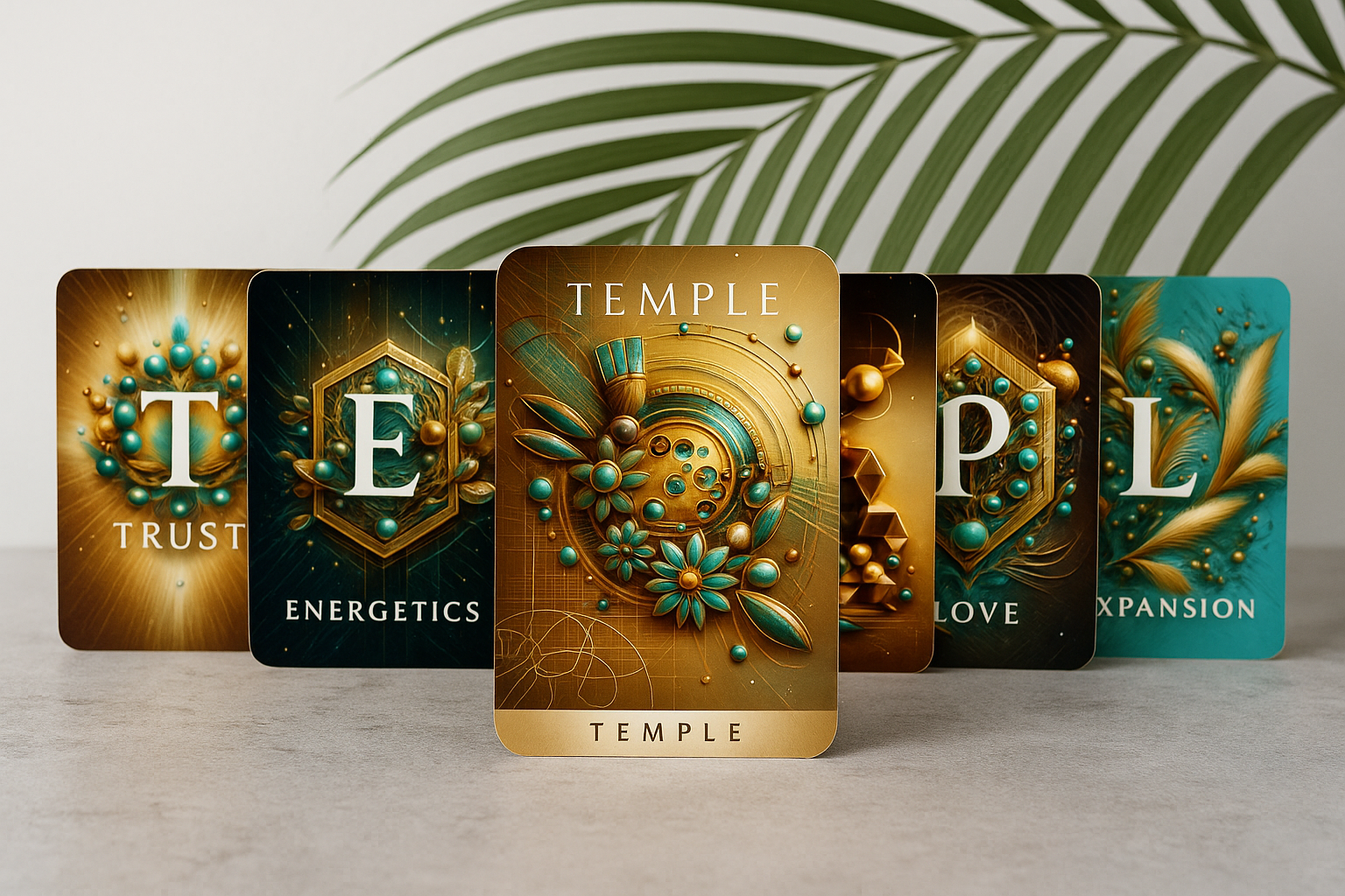 Set of cards with decorative designs and text on a neutral background