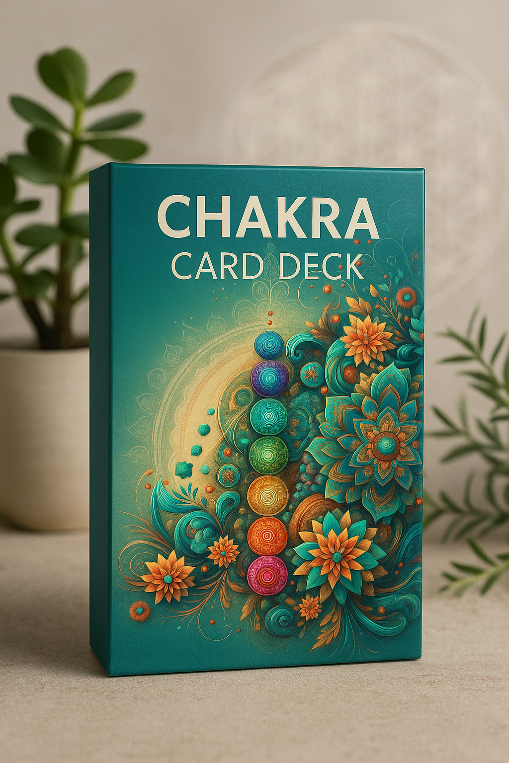 Chakra card deck box with colorful design on a neutral background
