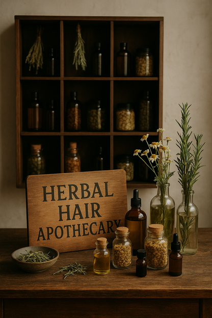 Herbal hair apothecary setup with bottles, plants, and a wooden sign on a wooden shelf.
