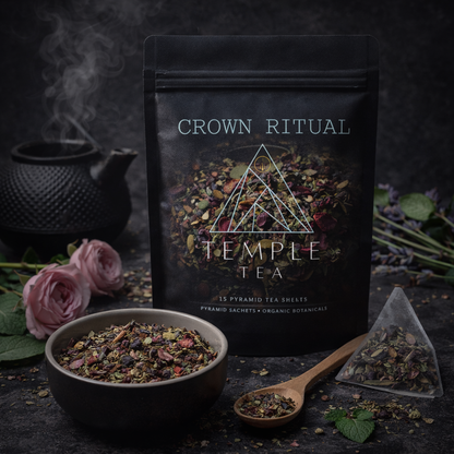 Crown Ritual Temple Tea packaging with tea leaves, teapot, and flowers on a dark background