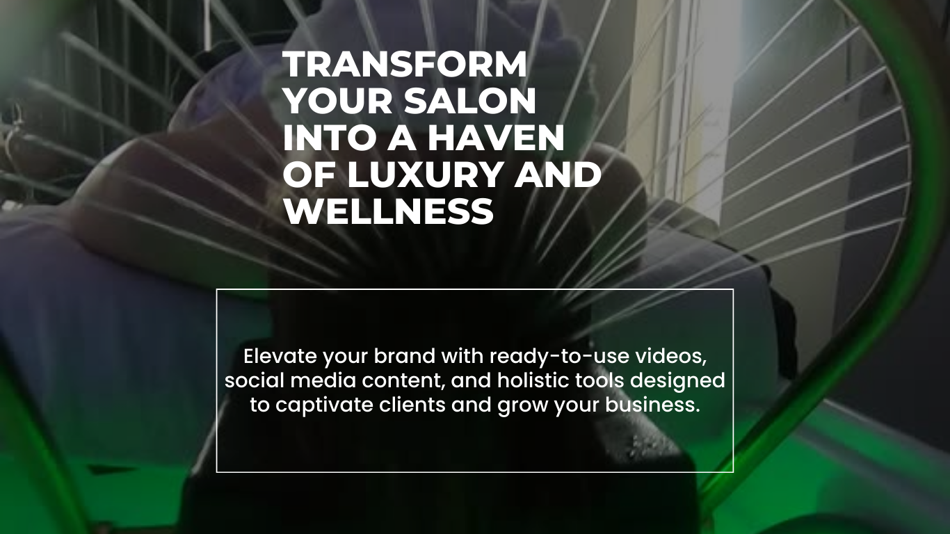 Person in a salon chair with text promoting luxury and wellness in a salon setting.
