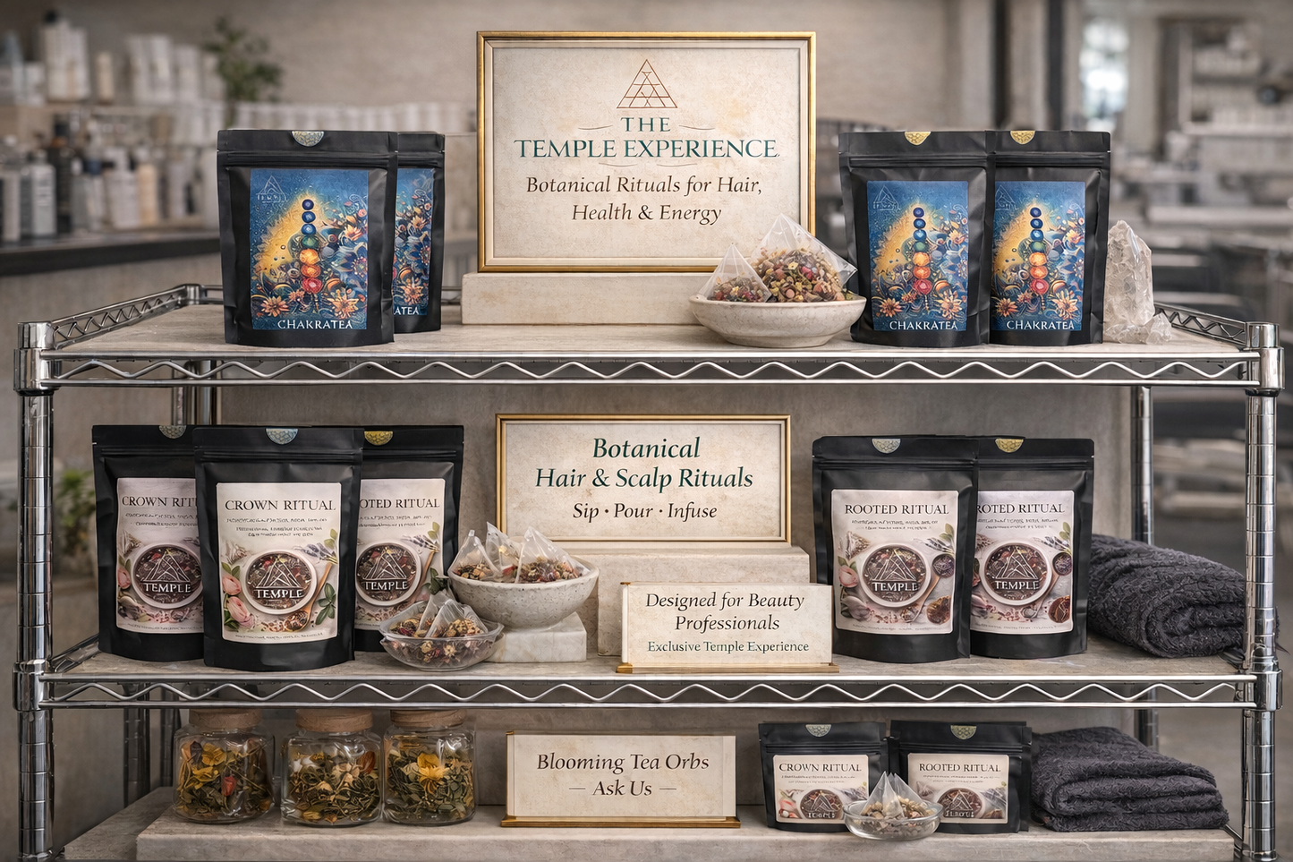 Shelf displaying 'The Temple Experience' botanical hair and scalp rituals with branded packaging.