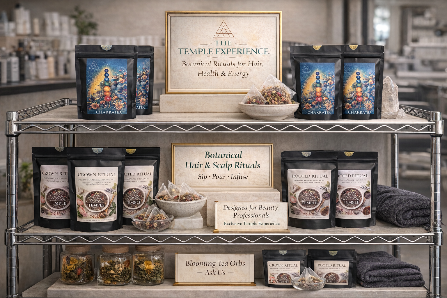 Shelf displaying 'The Temple Experience' botanical hair and scalp rituals with branded packaging.