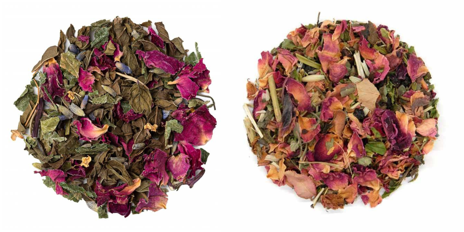 Two spherical containers of colorful dried herbs and flowers on a white background