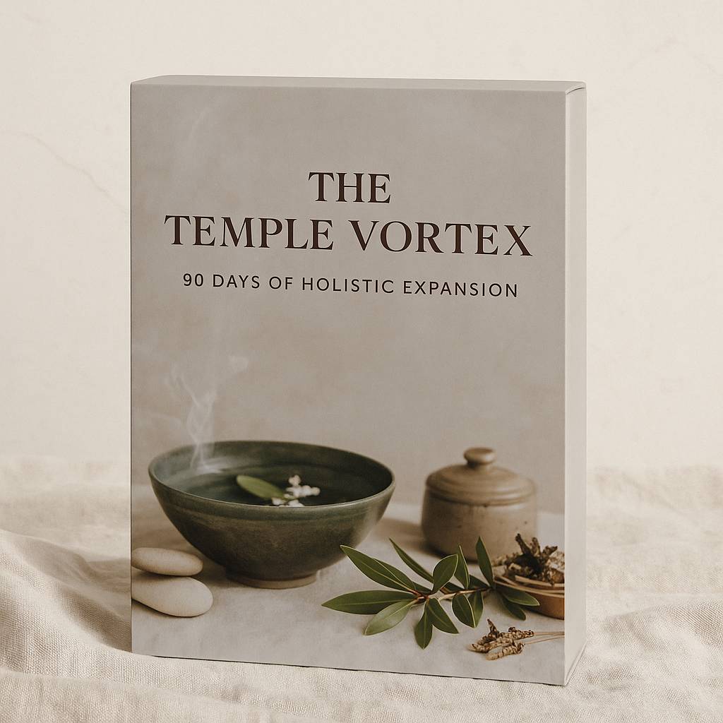 Book titled 'The Temple Vortex' with a bowl and leaves on a neutral background