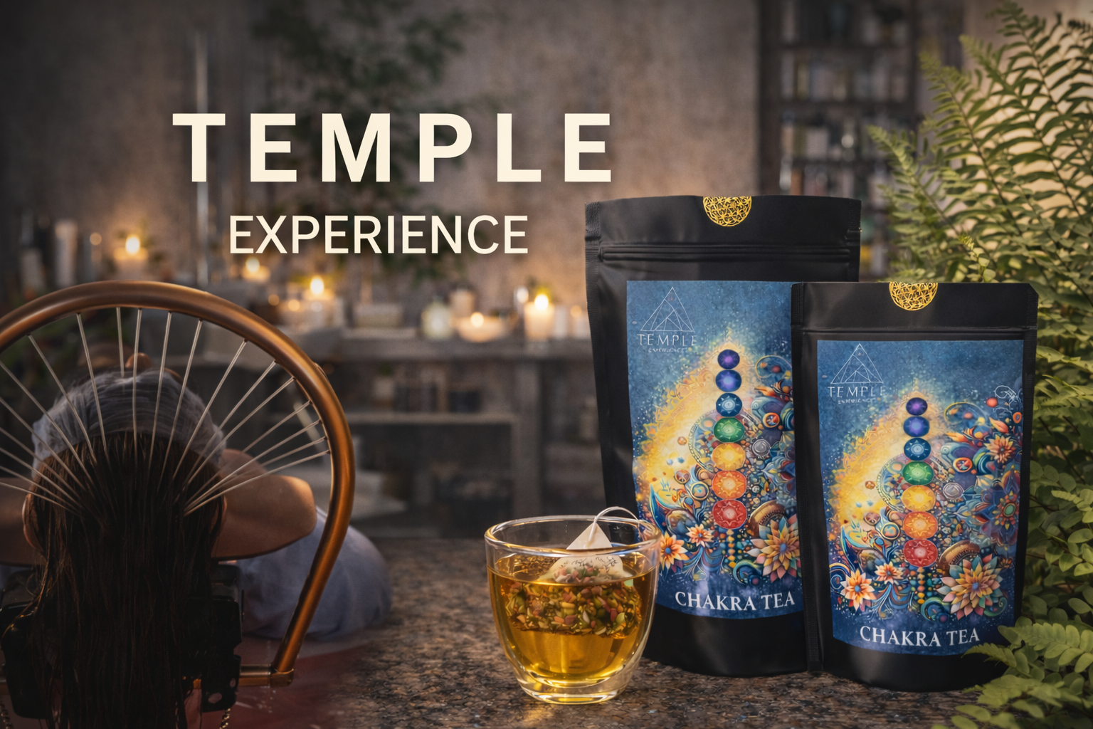 Two packages of Chakra Tea with a glass of tea on a table, surrounded by decorative elements.