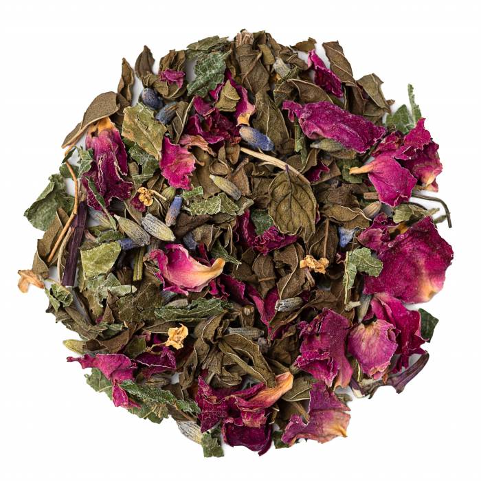 Tea leaves with pink flowers on a white background
